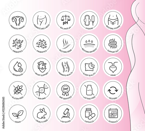 Woman vaginal care set icons. The outline icons are well scalable and editable. Contrasting elements are good for different backgrounds. EPS10.