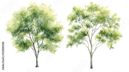 Set of watercolor green tree isolated on white background for landscape and architecture drawing, elements for environment and garden, botanical for section in spring