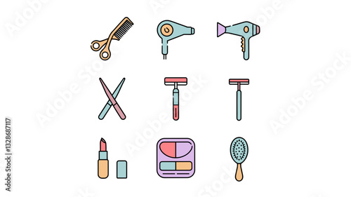 Hair Salon Vector Icon Set with Scissors, Hairdryer, Makeup, and Beauty Tools for Professional Hairdressers and Makeup Artists