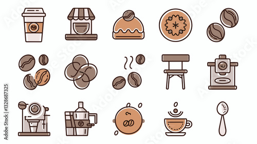 Coffee and Bakery Vector Icons Set for Café Branding, Packaging Design, and Menu Illustrations - Espresso, Doughnuts, Beans, and More!