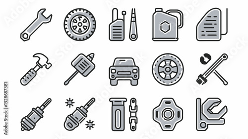 Automotive Repair Vector Icons Set | Tools, Engine, Fuel, Wheels, and Maintenance Symbols for Mechanics and Garage Services