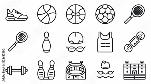 Sports Equipment Vector Icons Set for Fitness, Gym, and Recreation Activities - Basketball, Tennis, Bowling, Swimming, Soccer, and More