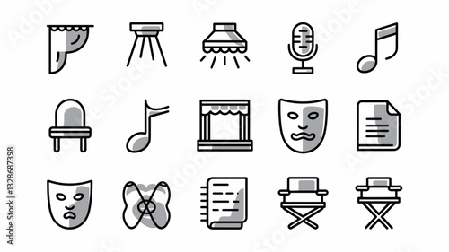 Vector Icon Set for Theater, Music, and Performing Arts – Stylish Line Icons for Stage, Microphone, Music Notes, Curtains, and Acting Elements