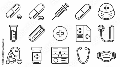 Medical Vector Icon Set for Healthcare, Pharmacy, and Wellness Designs - Pill, Syringe, Doctor, Stethoscope, Laboratory Essentials, and More