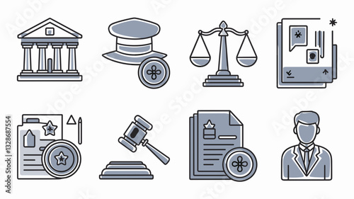 Vector Icon Set for Law and Justice: Court, Gavel, Scales, Attorney, Legal Documents, Police, Justice Symbols for Legal Services and Advocacy