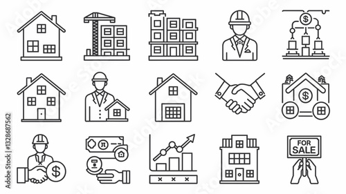 Real Estate Vector Icon Set for Property Development, Construction, Buying, and Selling with House, Building, Handshake, and Finance Symbols