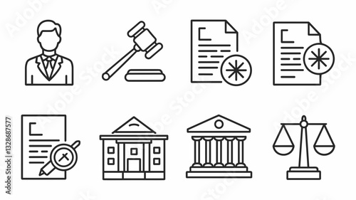 Legal Vector Icon Set for Law Firms, Courts, and Judicial Services - Scales, Gavel, Attorney, Legal Documents, and Government Building Icons