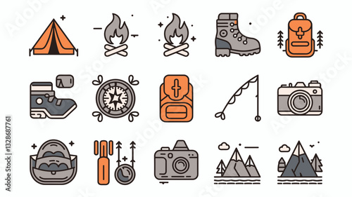 Camping and Outdoor Adventure Vector Icons Set for Hiking, Fishing, Photography, and Exploring Nature - High-Quality Illustrations for Design Projects