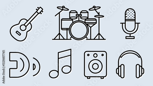 Music Vector Icon Set with Guitar, Drums, Microphone, and Headphones for Creative Projects and Audio Applications