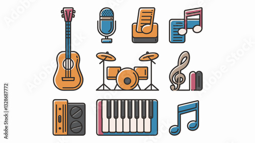 Music Vector Icon Set Featuring Instruments, Microphones, Notes, and Equipment for Concerts, Art, and Design Projects