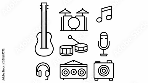 Vector Icon Set of Musical Instruments, Music Notes, Microphones, and Audio Equipment for Creative Projects and Graphic Design