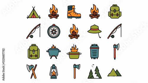 Camping Vector Icon Set with Campfire, Tent, Hiking Gear, Fishing Tools, Adventure Symbols for Outdoor Activities and Nature Exploration
