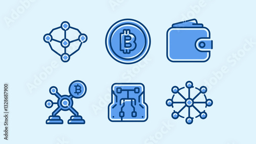 Vector Icon Set for Cryptocurrency, Blockchain Technology, Digital Wallets, Bitcoin Mining, and Payment Systems in Modern Flat Design