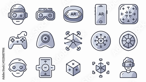 Vector Icon Set for Virtual Reality and Augmented Reality, Gaming Controllers, Headsets, and Interactive Technology Graphics