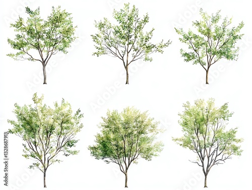 Set of watercolor green tree isolated on white background for landscape and architecture drawing, elements for environment and garden, botanical for section in spring