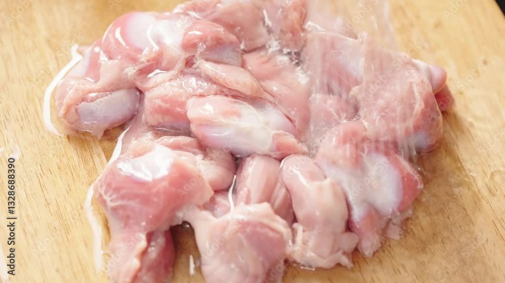 The chef is cleaning the ingredients for spicy fried chicken gizzards The chef is cleaning the ingredients for spicy fried chicken gizzards