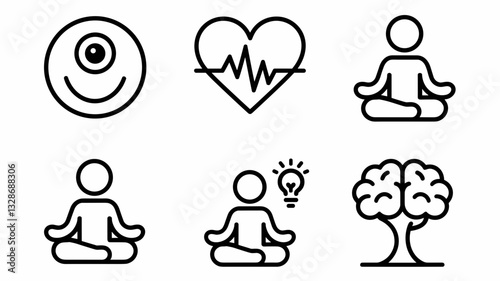 Mindfulness and Wellness Vector Icon Set for Health, Meditation, and Self-Care Design Projects in Minimalist Style