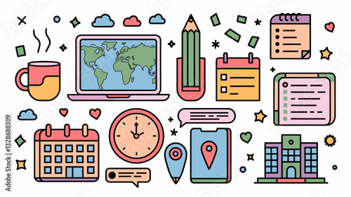 Vector Icon Set for Remote Work, Education, Planning, and Lifestyle Illustrations | Laptop, Calendar, Clock, and More | Digital Design Elements