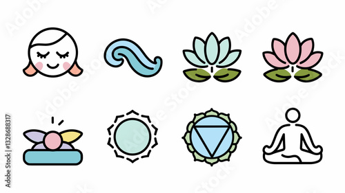 Vector Icon Set for Wellness, Meditation, and Mindfulness: Lotus, Chakra, and Relaxation Symbols for Yoga and Holistic Practices