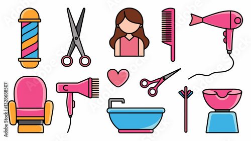 Hair Salon Vector Icons Set: Scissors, Hairdryer, Comb, Barber Pole, Hairstylist Tools, Salon Chair, Love Symbol for Beauty and Haircare Services