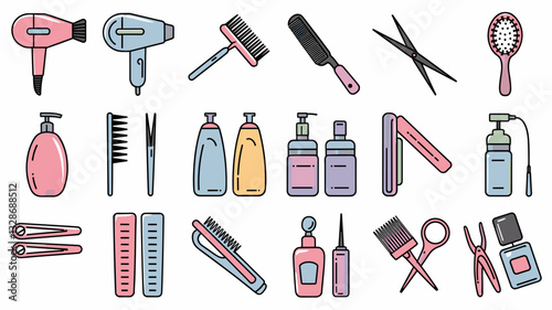 Hair Salon Vector Icon Set: Stylized Tools, Brushes, Scissors, and Haircare Products for Professional Hairdressing and Beauty Design Projects