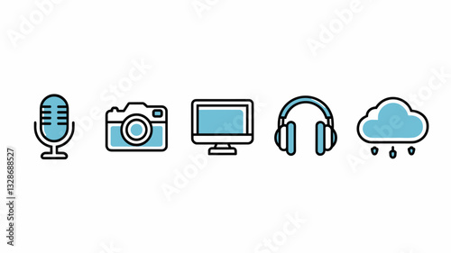 Vector Icon Set for Multimedia, Including Microphone, Camera, Computer, Headphones, and Cloud. Perfect for Web Design and Creative Projects.