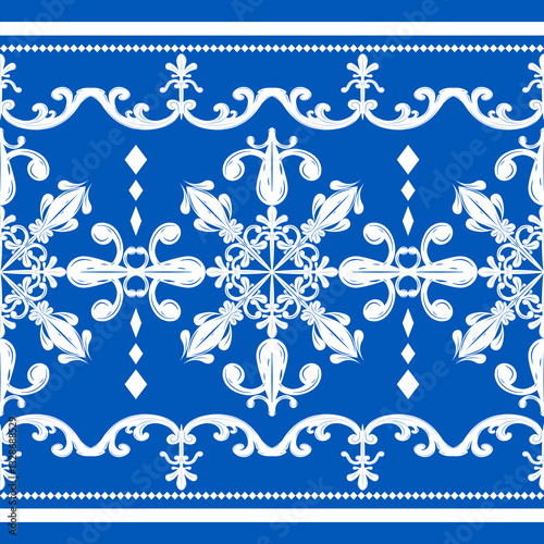 Miraculously Classic Indigo Blue With White Silk Weaves Baroque Fleur de lis Decoration Pattern. Elegance Luxury Scroll Ornament and Geometric Exquisitely Flawless Detailed Neatly Craft Fabrics Border