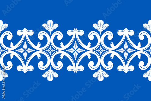Elaborate Luxury White Floral Silk Weaves Scroll Ornament Embroidery on Royal Blue Background Exquisitely Detailed Border Seamless Pattern Vector for Elegance Design Decoration Leaf Petals Lace Rococo