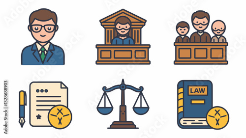 Legal Vector Icon Set for Law Firms, Courts, Attorneys, and Legal Documents: Scales, Judge, Law Books, and Courtroom Graphics for Professional Use