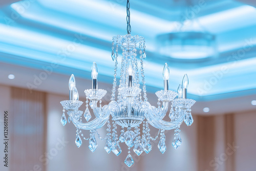 Crystal chandelier hanging from a blue-lit ceiling in a modern room