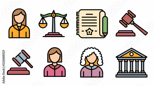 Vector Icon Set: Law, Justice, Lawyer, Court, Gavel, Scales of Justice, Legal Documents, Courtroom Icons for Legal Services and Law Firms