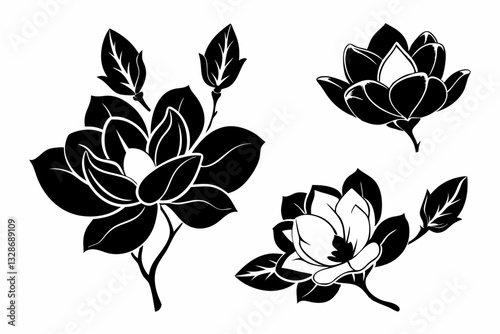 set of four magnolia flower line art silhouette vector illustration