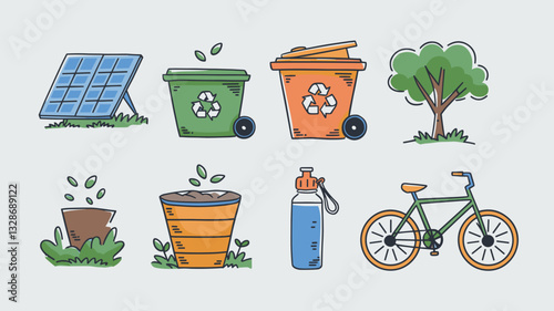 Eco-Friendly Vector Icon Set for Sustainability, Recycling, Solar Energy, Plants, Water Bottles, Bicycles, and Green Living Illustrations