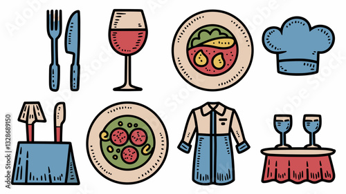 Vector Icon Set for Restaurant and Food Industry featuring Chef Hat, Wine Glass, Plates, Cutlery, and Dining Essentials for Culinary Design