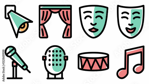 Vector Icon Set for Performing Arts, Music, Theater Symbols, Microphone, Stage, Drums, Curtains, and Masks for Creative Projects and Design