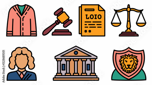 Legal Icons Vector Set: Law Symbols, Courtroom Elements, Scales of Justice, Lawyer Graphics for Legal Services, Court Cases, and Law Firm Designs