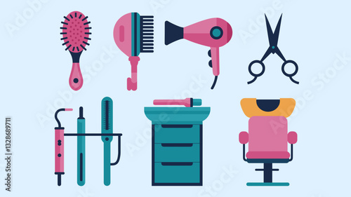 Vector Icon Set of Hair Salon Tools: Hairdryer, Scissors, Brushes, and Styling Equipment for Beauty and Hairdressing Projects