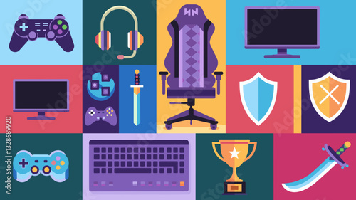 Gaming Icon Set Vector Illustrations for Streamers and Gamers - Controllers, Headsets, Monitors, and Accessories for Competitive Gaming Designs