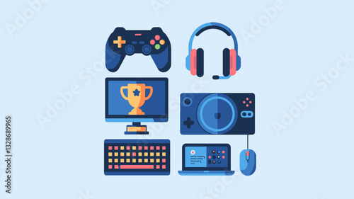 Gaming Vector Icon Set featuring Controllers, Headsets, Monitors, Trophies, and Keyboards for Video Game Design and Digital Art Projects