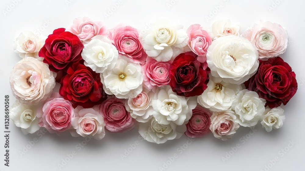Floral arrangement of white pink and red roses studio photography minimalistic top-down beauty Floral arrangement of white pink and red roses studio photography minimalistic top-down beauty
