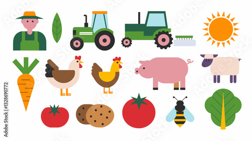 Farm Icon Set: Vector Illustrations of Farmers, Animals, Vegetables, and Farming Equipment for Agriculture, Gardening, and Food Production Designs