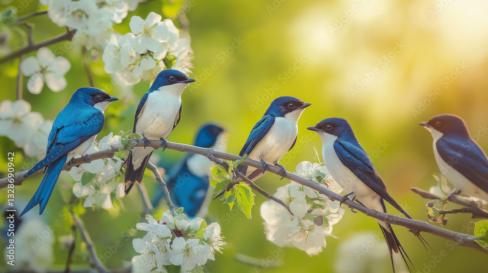 Obraz premium group of swallow birds on a flowers branch
