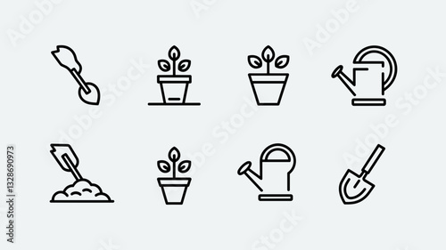 Gardening Vector Icon Set for Tools, Plants, and Watering Cans - Perfect for Digital Design, Websites, and Print Media. High-Quality Download Available.