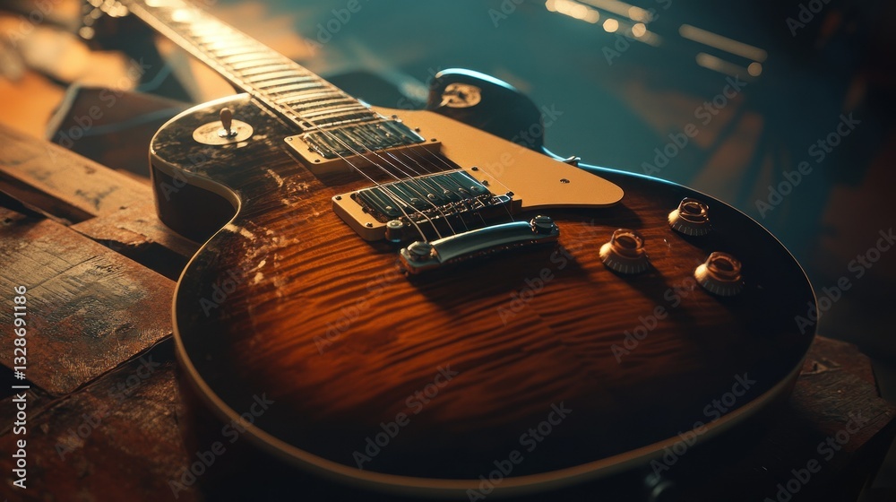 Fototapeta premium A beautiful electric guitar sits on a wooden surface