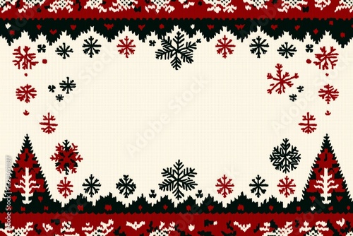 Festive ugly sweater template featuring a Merry Christmas and Happy New Year greeting, with a Scandinavian-inspired knitted design in white, red, and green hues