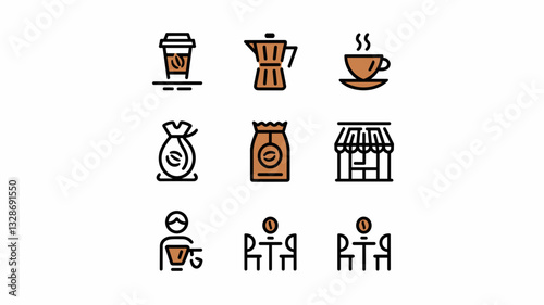 Coffee Shop Vector Icons Set for Cafes, Coffee Beans, Beverages, and Seating Designs in Line Art Style for Food and Drink Projects