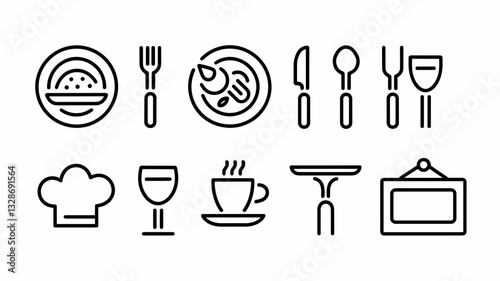 Vector Icon Set for Restaurant, Cooking, Food, and Dining - Chef, Utensils, Plates, and Drink Icons for Culinary and Hospitality Use