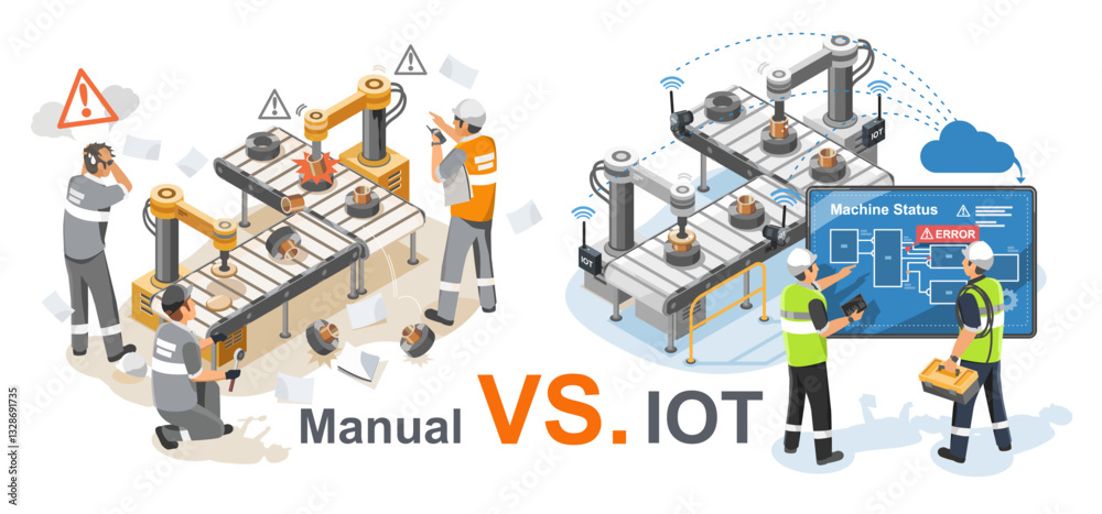 Fototapeta premium Manual vs. IoT Industrial Automation in Smart Factory Isometric Isolated - Engineers and Technicians Monitoring and Maintaining Production System with Error Detection and Predictive Maintenance