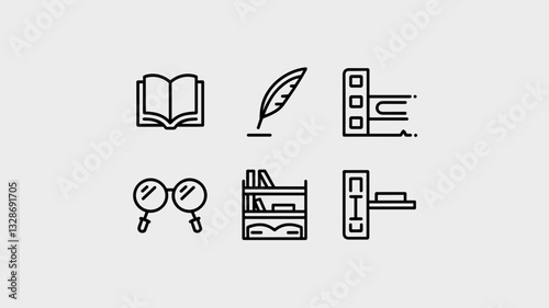 Vector Icon Set for Education, Research, and Writing: Books, Quill, Magnifying Glass, and Shelving Icons for Creative Projects