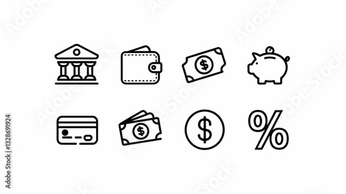 Money Management Vector Icon Set for Banking, Finance, and Savings - Includes Wallet, Cash, Credit Card, and Piggy Bank Icons
